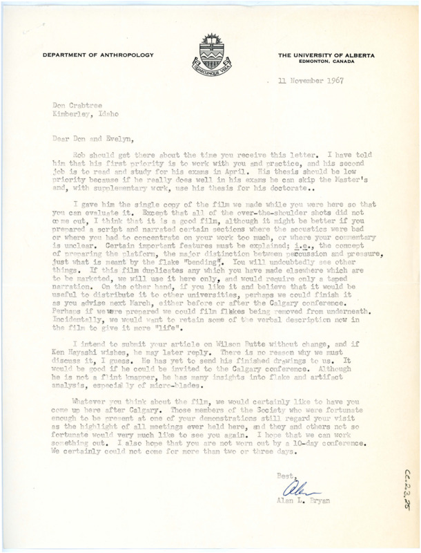 Letter from Alan Bryan to Don and Evelyn Crabtree regarding Robinson Bonnichsen.