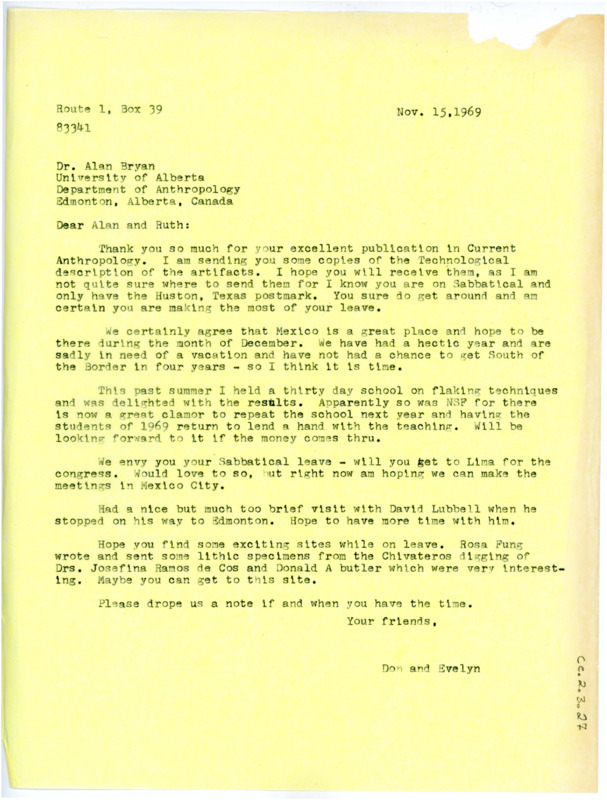 Letter from Don and Evelyn Crabtree to Alan Bryan and Ruth Gruhn regarding recent happenings.