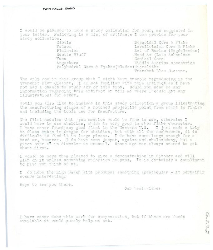 Letter from Don Crabtree to Ruth Gruhn and Alan Bryan regarding purchasing a set of lithic artifacts as a study collection.