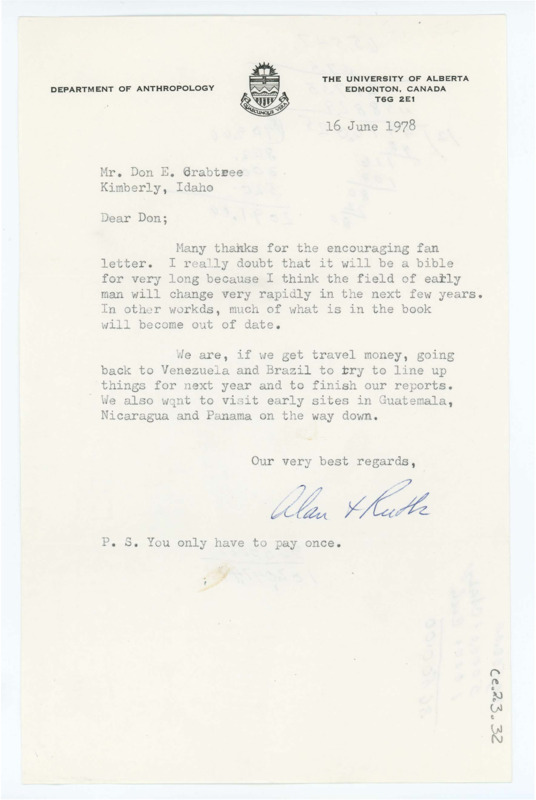 Letter from Alan and Ruth Bryan to Don Crabtree regarding his encouraging letter.