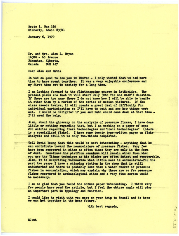 Letter from Don Crabtree to Alan and Ruth Bryan regarding seeing them in Denver.