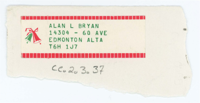 Sticker with Alan Bryan's address on it, likely taken from a letter to Don Crabtree.