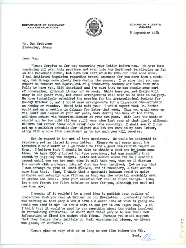 Letter from Alan Bryan to Don Crabtree regarding buying a few specimens.