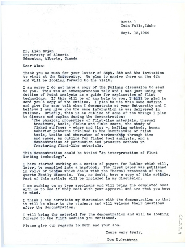 Letter from Don Crabtree to Alan Bryan regarding his invitation to visit the University of Alberta.