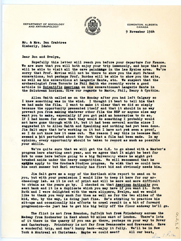 Letter from Alan Bryan and Ruth Gruhn to Don and Evelyn Crabtree regarding their trip to France.