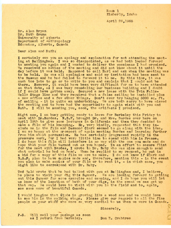 Letter from Don Crabtree to Alan Bryan and Ruth Gruhn regarding missing the meeting at Bellingham.