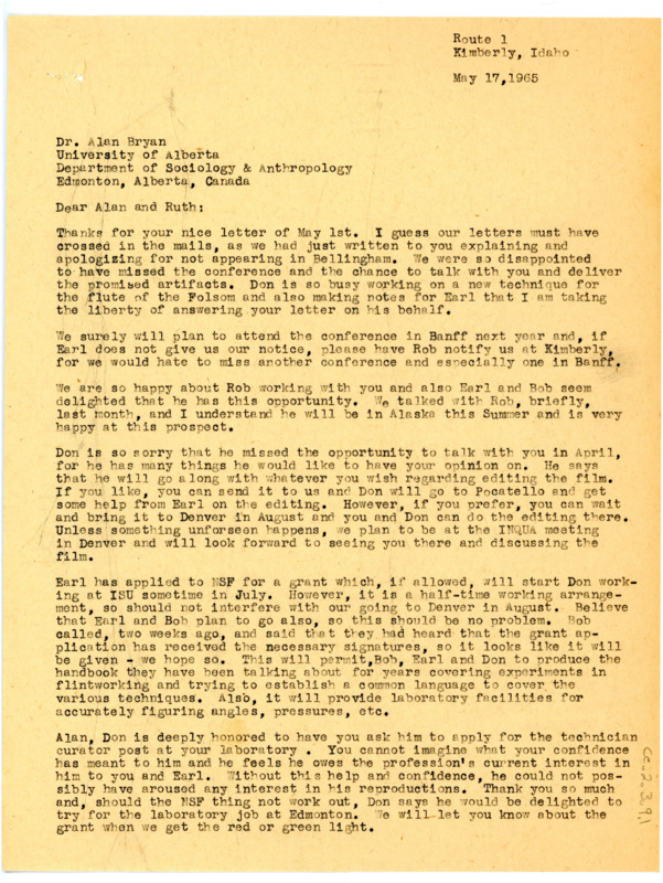 Letter from Evelyn Crabtree to Alan Bryan and Ruth Gruhn regarding recent happenings.