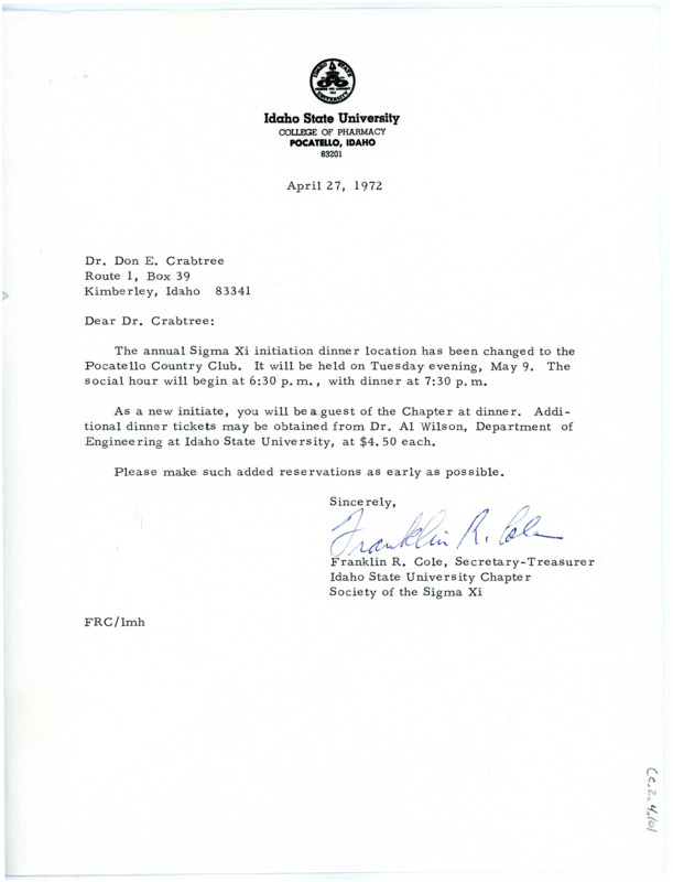 Letter from Franklin Cole to Don Crabtree regarding the date of the Sigma Xi dinner changing to a different date.