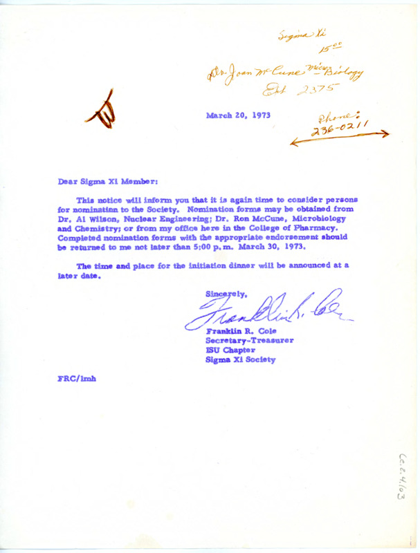 Letter from Franklin Cole to Don Crabtree regarding submitting nominations to The Society of Sigma Xi.