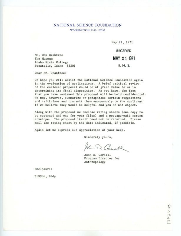 Letter from John Cornell to Don Crabtree regarding an evaluation of applications and a proposal from the National Science Foundation; includes a Proposal Rating form.