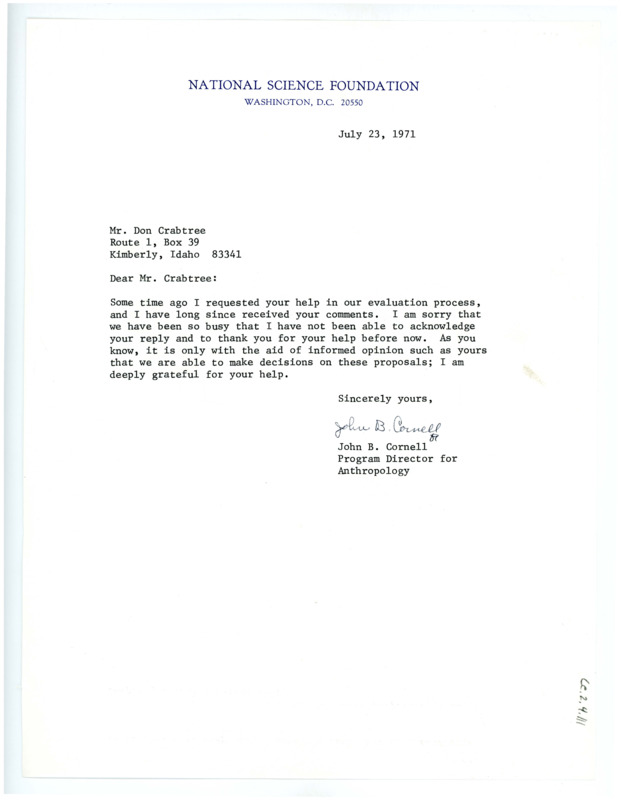 Letter from John Cornell to Don Crabtree regarding help in their evaluation process.