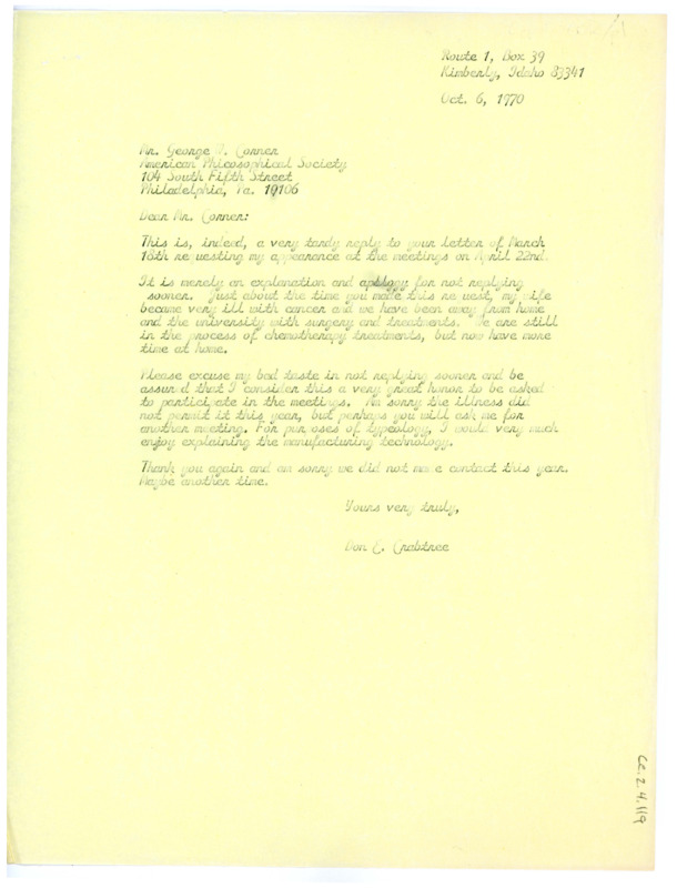 Letter from Don Crabtree to George Corner explaining why he cannot attend this year's meeting.