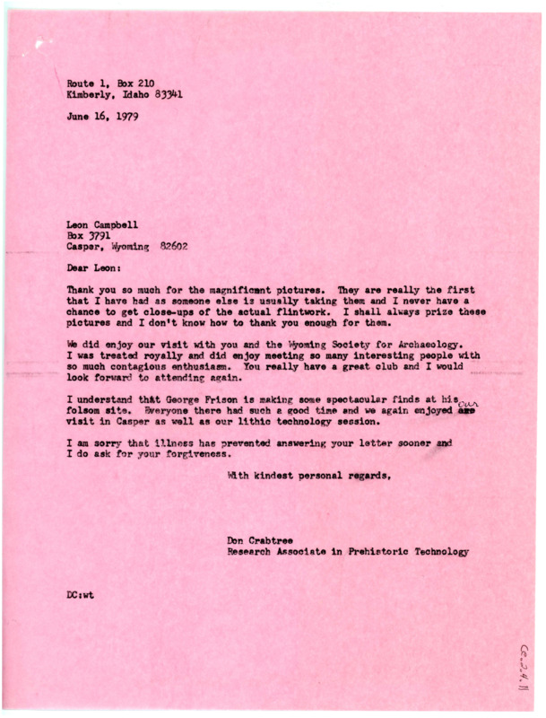 Letter from Don Crabtree to Leon Campbell regarding pictures taken at the Wyoming Archaeological Society.