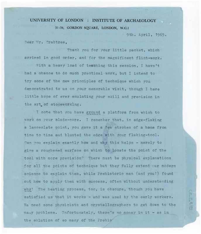 Letter from Ian Cornwall to Don Crabtree regarding experiments in flintworking technique, and future articles from Crabtree.