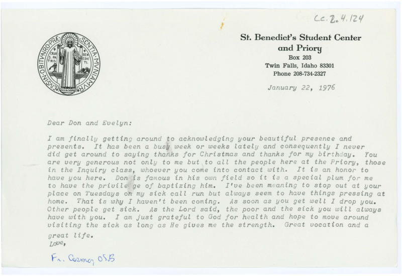 Letter from Father Cosmas to Don and Evelyn Crabtree thanking them for their presence and recent gifts, and plans for a baptism.