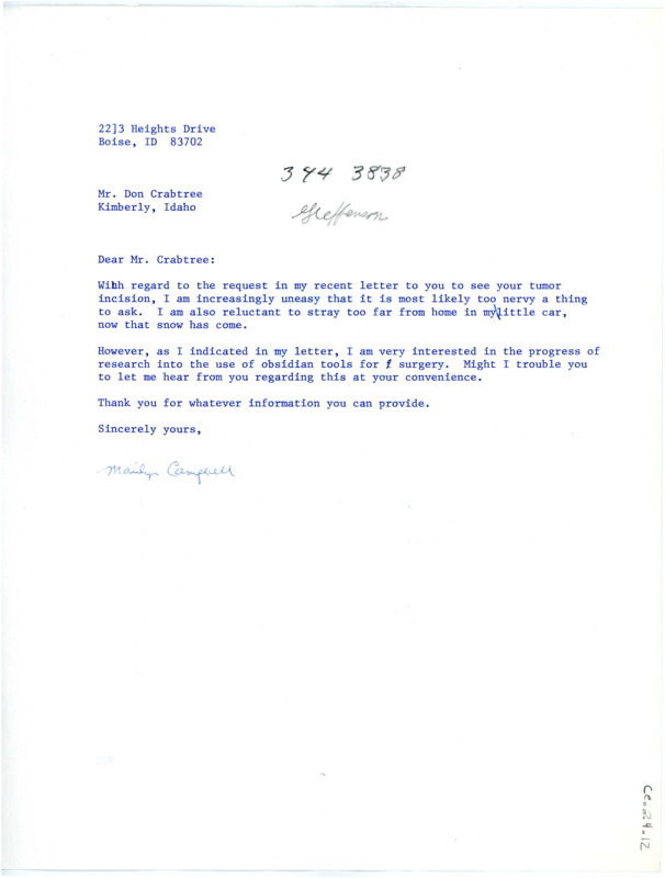 Letter from Marilyn Campbell to Don Crabtree regarding seeing Crabtree's incisions from his surgery utilizing obsidian tools.