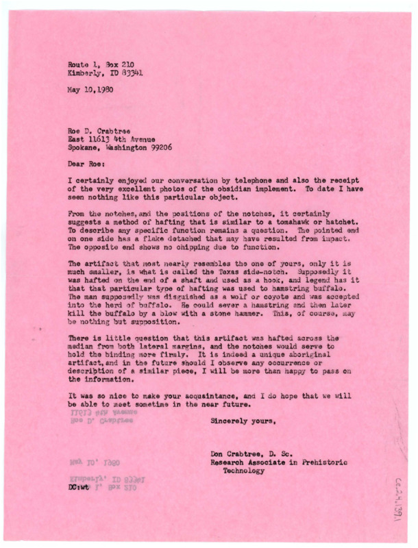 Letter from Don Crabtree to Roe Crabtree regarding an artifact that could possibly be an obsidian tool; three pictures of a similar object attached.