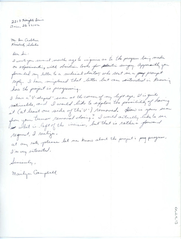 Letter from Marilyn Campbell to Don Crabtree regarding seeing Crabtree's incisions from his surgery utilizing obsidian tools.