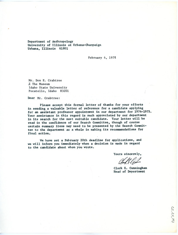 Letter from Clark Cunningham to Don Crabtree thanking him for sending a letter of reference for a candidate for an open position.