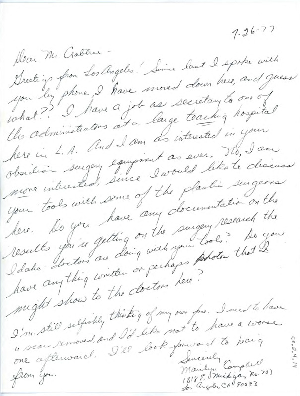 Letter from Marilyn Campbell to Don Crabtree regarding seeing the process of his tumor removal via obsidian tools.