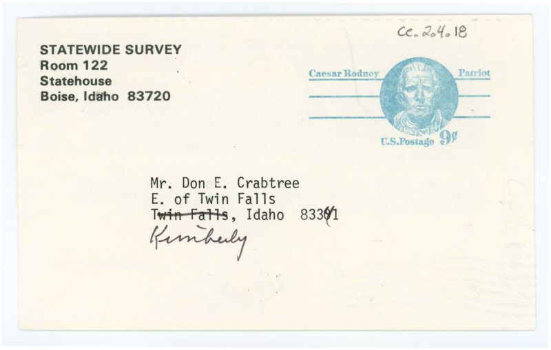 Letter from John E Carlson to Don Crabtree regarding a questionnaire on the future growth of Idaho.