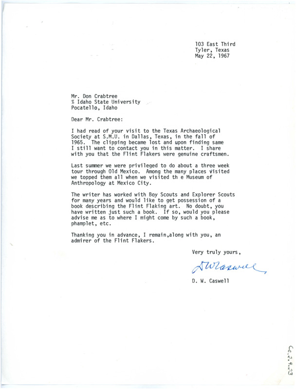 Letter from D.W. Caswell to Don Crabtree regarding the latter's visit to the Texas Archaeological Society.