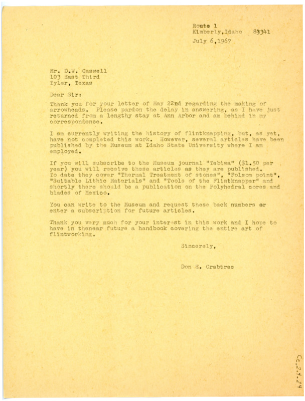 Letter from Don Crabtree to D.W. Caswell regarding suggestions for a book on flintknapping.