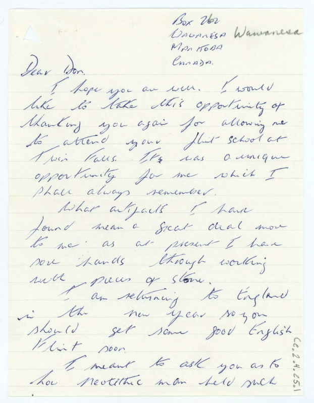 Letter from Brian Callaghan to Don Crabtree thanking him for allowing him to attend his flintknapping school.