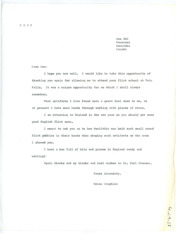 Letter from Brian Callaghan to Don Crabtree thanking him for allowing him to attend his flintknapping school.