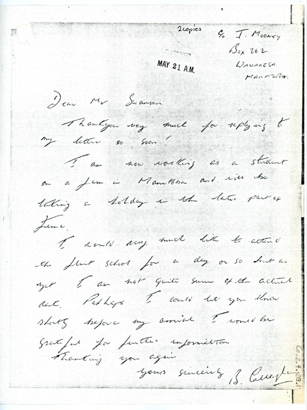 Scanned letter from Brian Callaghan to Earl Swanson thanking him for his reply.