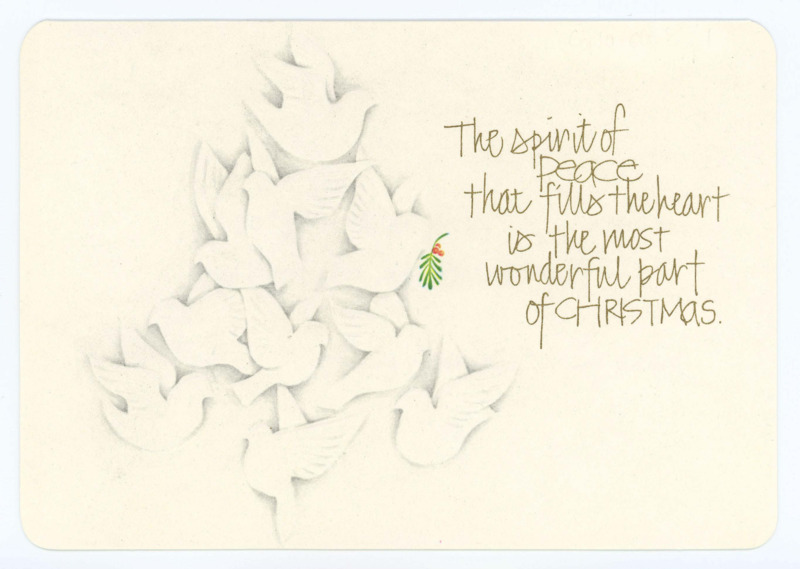 Christmas card from Bob and Jackie Caywood to Don Crabtree. The card is white and depicts a flock of doves shaped like a Christmas tree-- the doves are raised from the card itself.