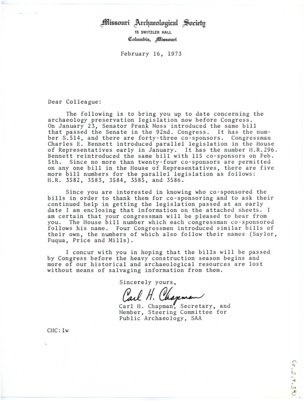 Letter from Carl Chapman to Don Crabtree regarding a piece of archaeology conservation legislation and a list of the cosponsors from the House and Senate bills supporting archaeology conservation legislation.