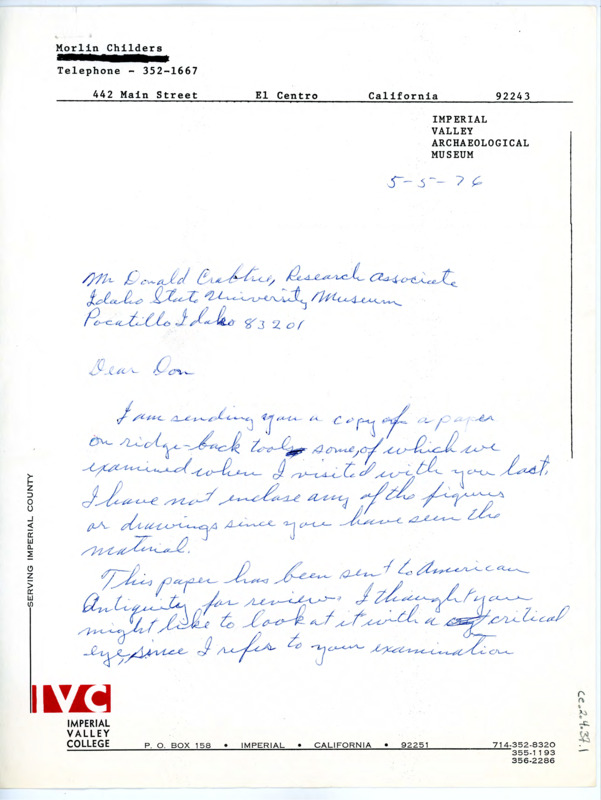 Letter from Morlin Childers to Don Crabtree regarding a paper on ridgeback tools; paper included (Ridge-Back Tools of the Colorado Desert by Morlin Childers by Morlin Childers).