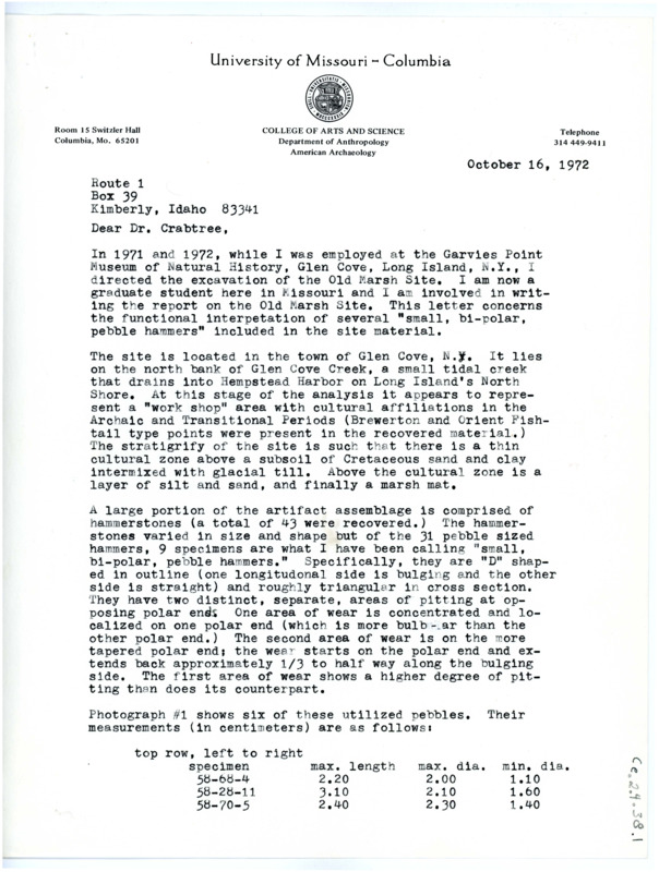 Letter from Stephen A Chomko to Don Crabtree regarding a report on the Old Marsh Site in Long Island, New York.