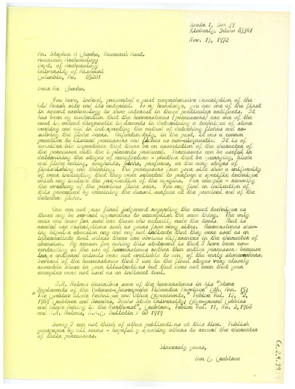 Letter from Don Crabtree to Stephen A Chomko regarding his explanation for a phenomenon at the Old Marsh Site in Long Island, New York.