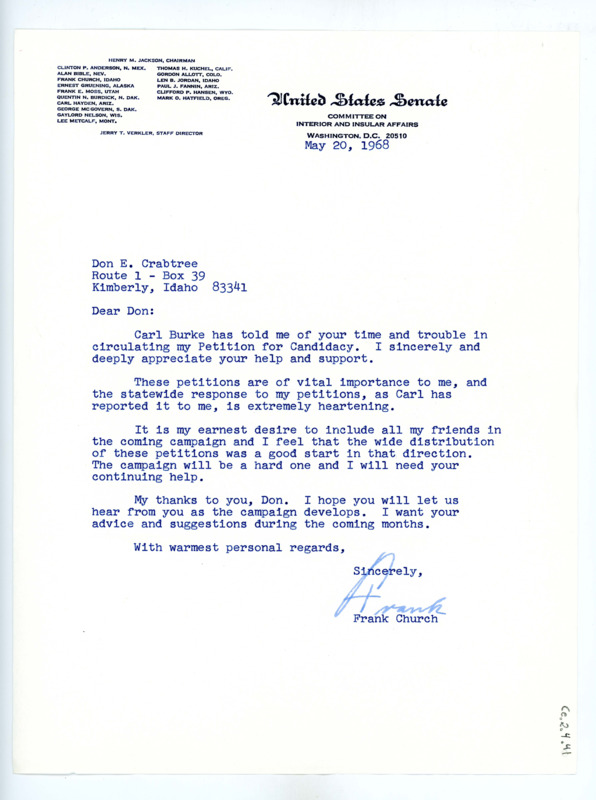 Letter from Frank Church to Don Crabtree thanking him for his effort in circulating Church's Petition for Candidacy.