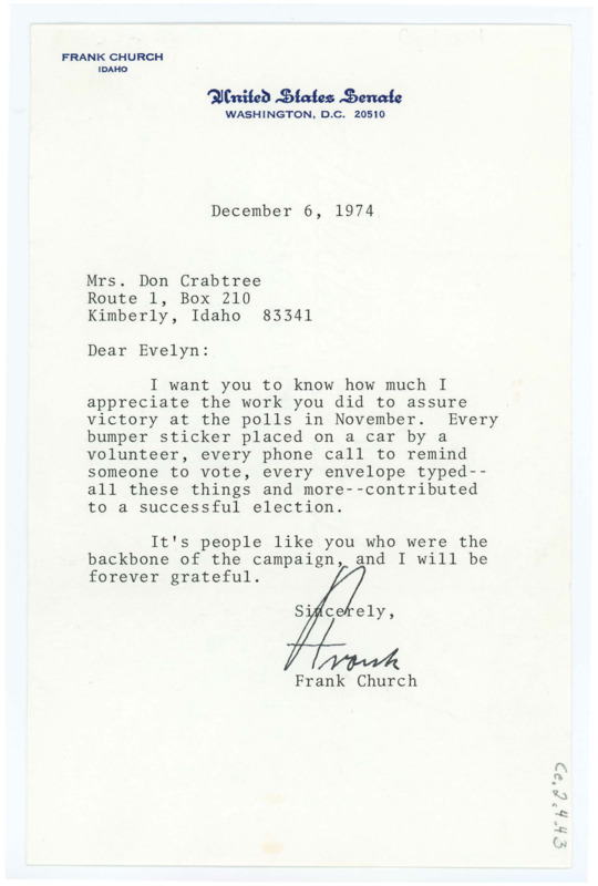 Letter from Frank Church to Evelyn Crabtree thanking her for her help in advertising his campaign.