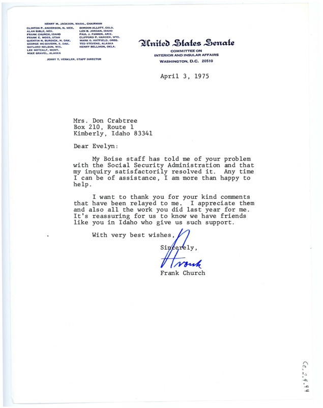 Letter from Frank Church to Evelyn Crabtree regarding the resolution to an issue she was having with the Social Security Administration.