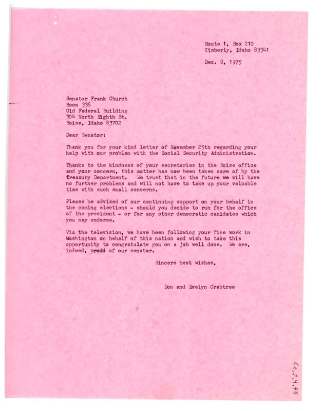 Letter from Don and Evelyn Crabtree to Frank Church thanking him for his help in resolving their issue with the Social Security administration.