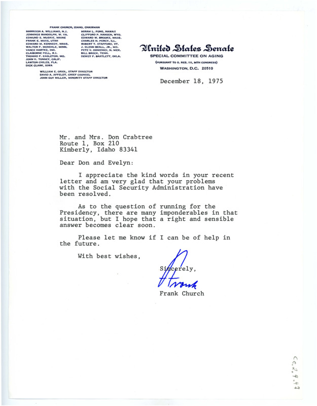 Letter from Frank Church to Don and Evelyn Crabtree regarding their issues with the Social Security Administration.