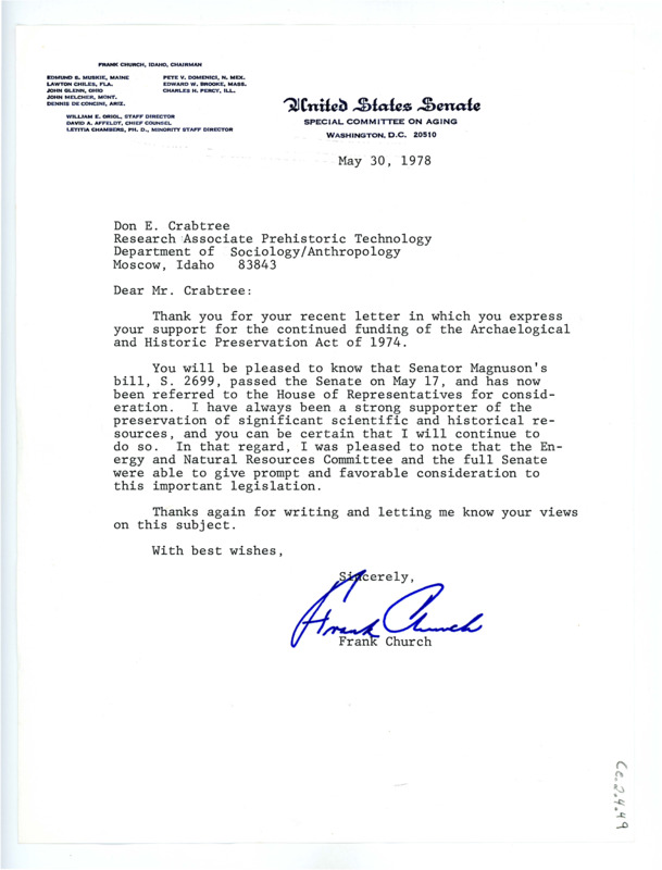 Letter from Frank Church to Don Crabtree regarding the Archaeological and Historic Preservation Act.