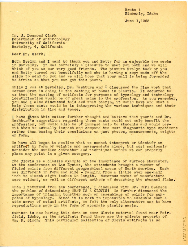 Letter from Don Crabtree to J Desmond Clark regarding the flintknapping film made at Berkeley.