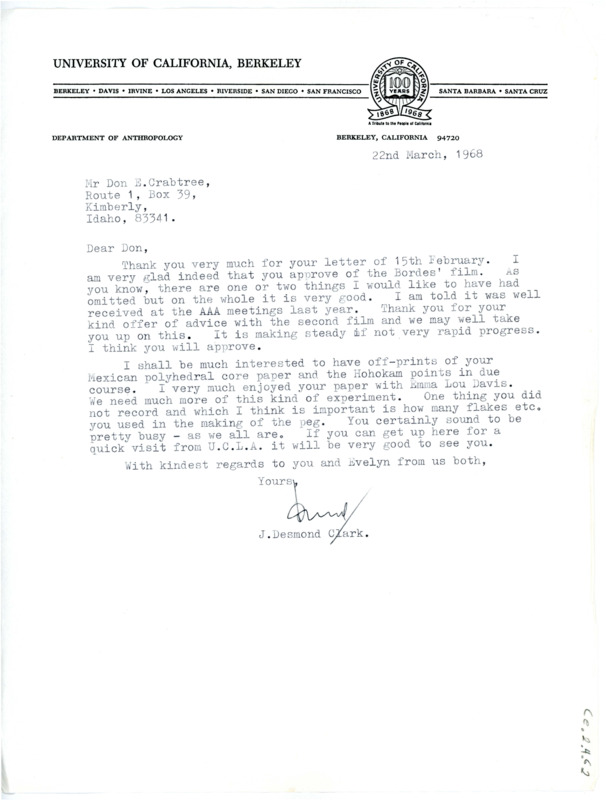 Letter from J Desmond Clark to Don Crabtree regarding Crabtree's last letter.