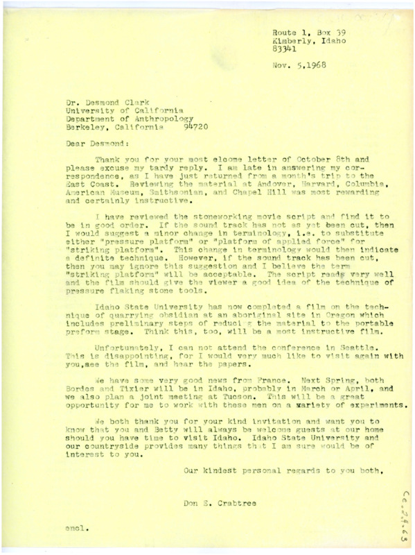 Letter from Don Crabtree to J Desmond Clark regarding the stoneworking movie script.