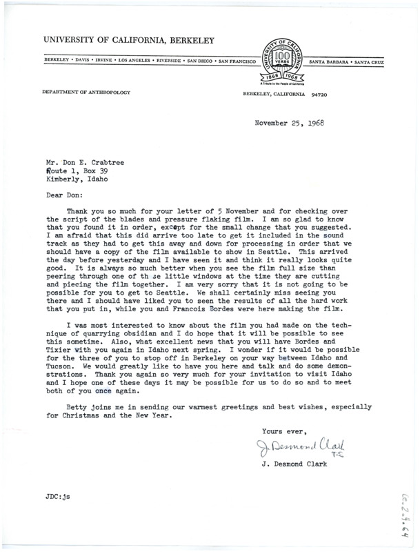 Letter from J Desmond Clark to Don Crabtree regarding checking over their film's script.