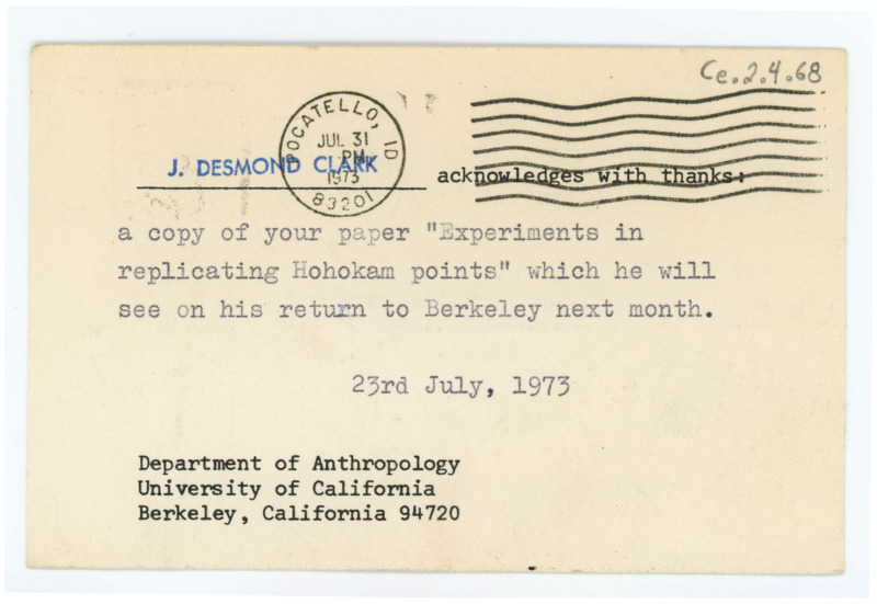 Card from J Desmond Clark to Don Crabtree thanking him for a sent copy of his recent paper, "Experiments in replicating Hohokam points."