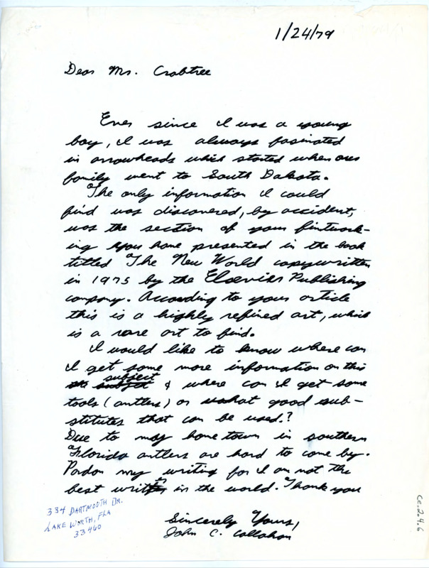 Letter from John C Callaghan to Don Crabtree asking for more sources on the subject of flintknapping.