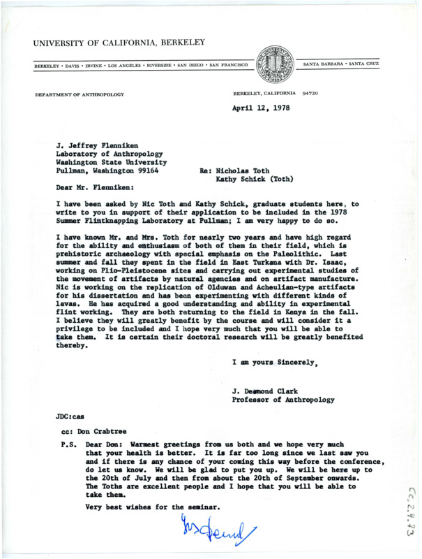 Letter from J Desmond Clark to J Jeffrey Flenniken regarding the recommendation of two students to his Summer Flintknapping Laboratory at Pullman.