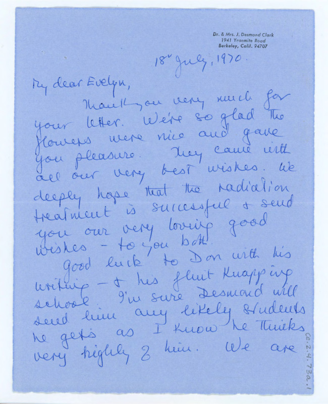 Letter wishing good luck in Evelyn's cancer treatment. Betty discusses her husband's heart attack, their travels, and their hopes for the Crabtree's to visit again.