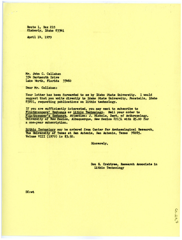 Letter from Don Crabtree to John Callaghan regarding publications on lithic technology.